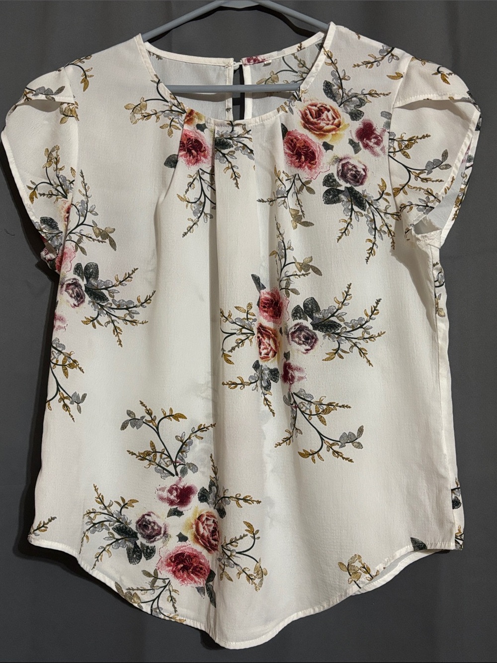 Floral Sheer Pleat Front Women's Top - White with Rose Print